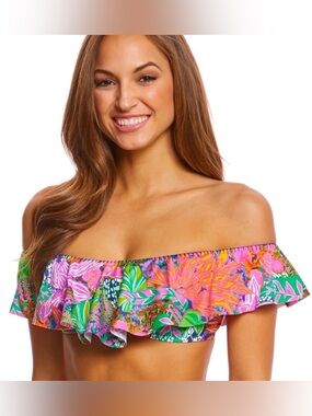 Trina Turk Vibrant Tropical Floral Off-The-Shoulder Ruffle Bikini Top Size 6